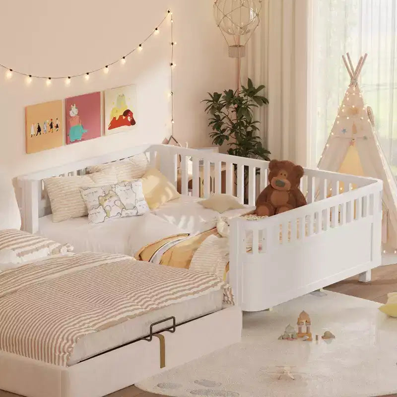 Lit plateforme en bois profil bas taille Queen JVNOXK avec barrières amovibles, lit enfant sécurisé pour filles et garçons