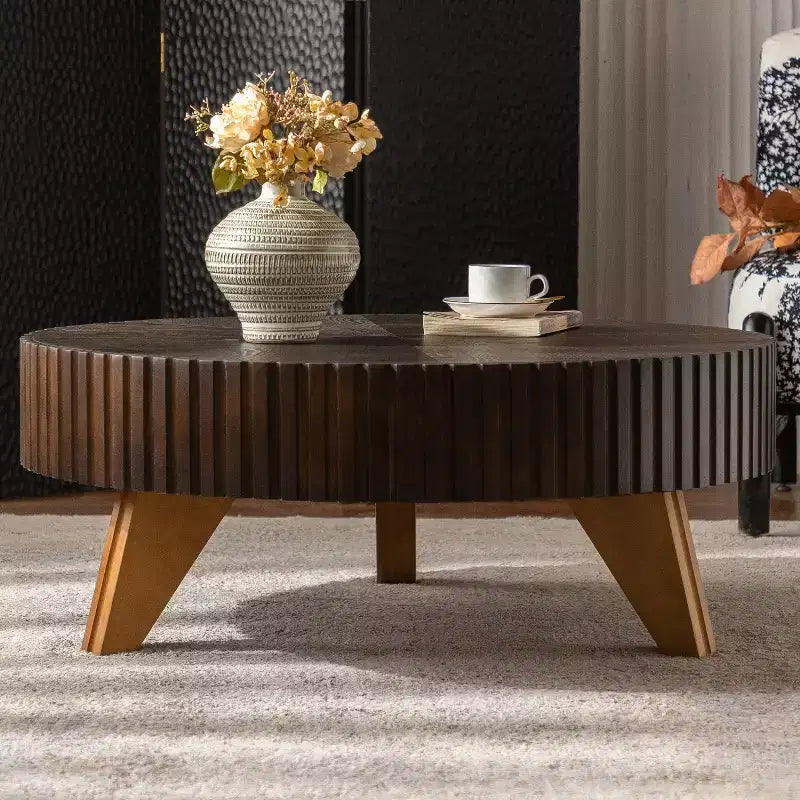 JVNOXK 35.4 Round Retro Brown Coffee Table, Sturdy Solid Wood Legs MDF Tabletop for Living Room Home Decor