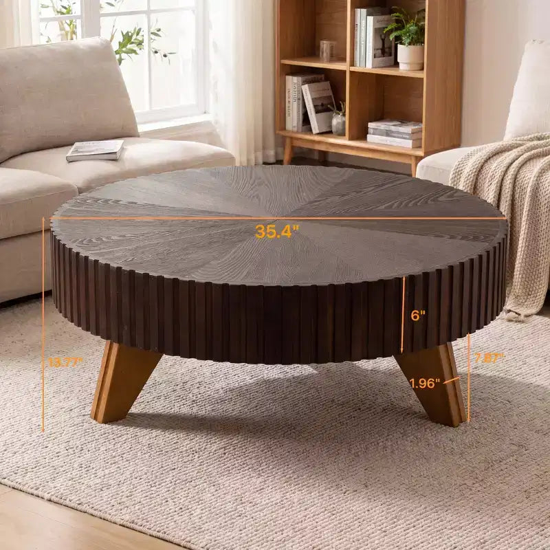 JVNOXK 35.4 Tavolino da caffè rotondo retrò marrone, gambe robuste in legno massiccio, piano in MDF per soggiorno e decorazioni per la casa