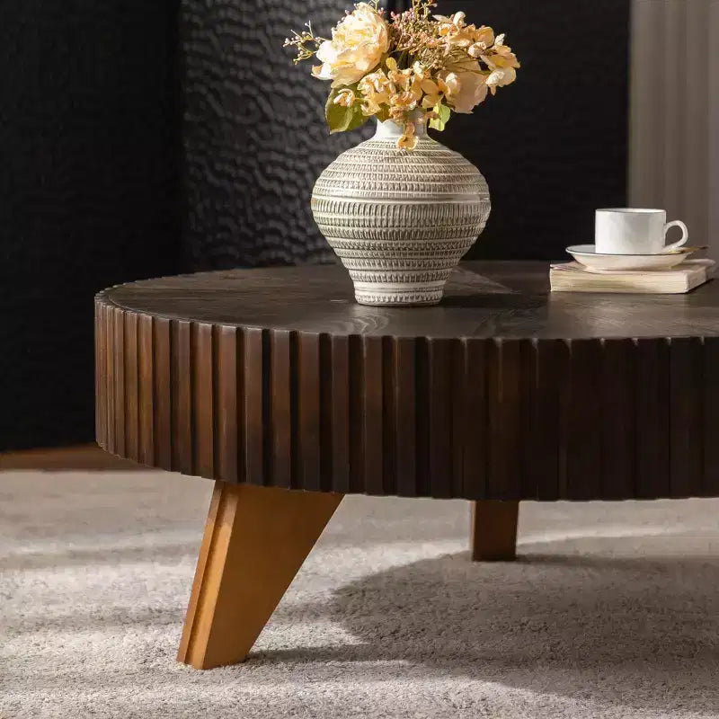 JVNOXK 35.4 Tavolino da caffè rotondo retrò marrone, gambe robuste in legno massiccio, piano in MDF per soggiorno e decorazioni per la casa