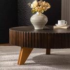JVNOXK 35.4 Tavolino da caffè rotondo retrò marrone, gambe robuste in legno massiccio, piano in MDF per soggiorno e decorazioni per la casa