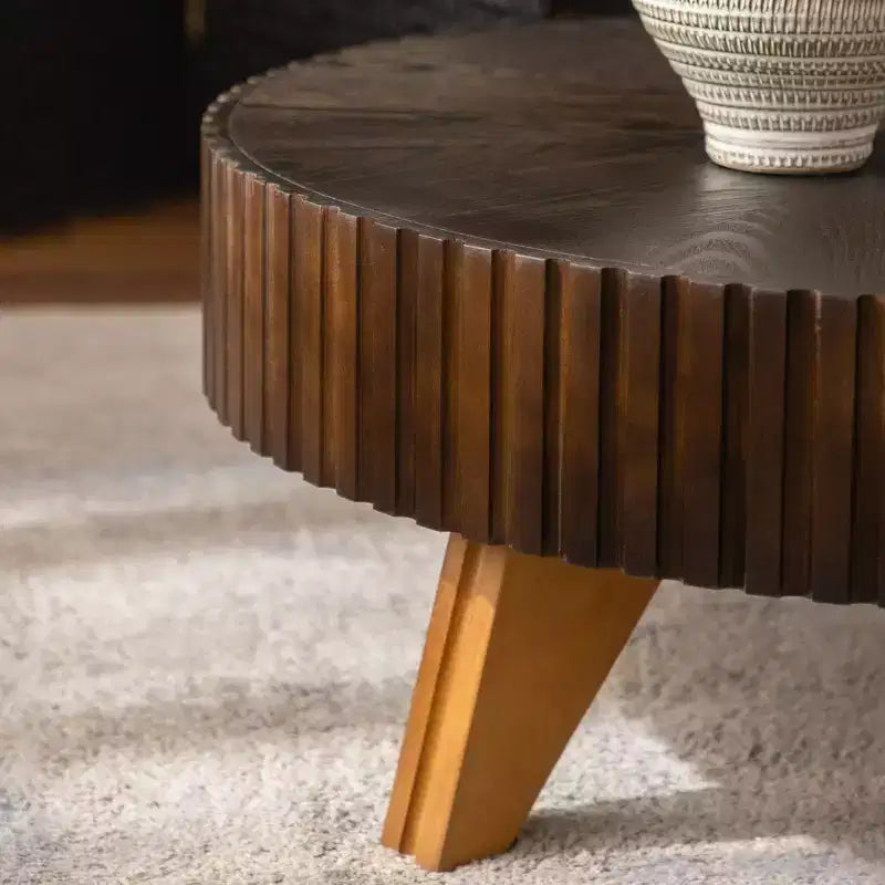 JVNOXK 35.4 Tavolino da caffè rotondo retrò marrone, gambe robuste in legno massiccio, piano in MDF per soggiorno e decorazioni per la casa