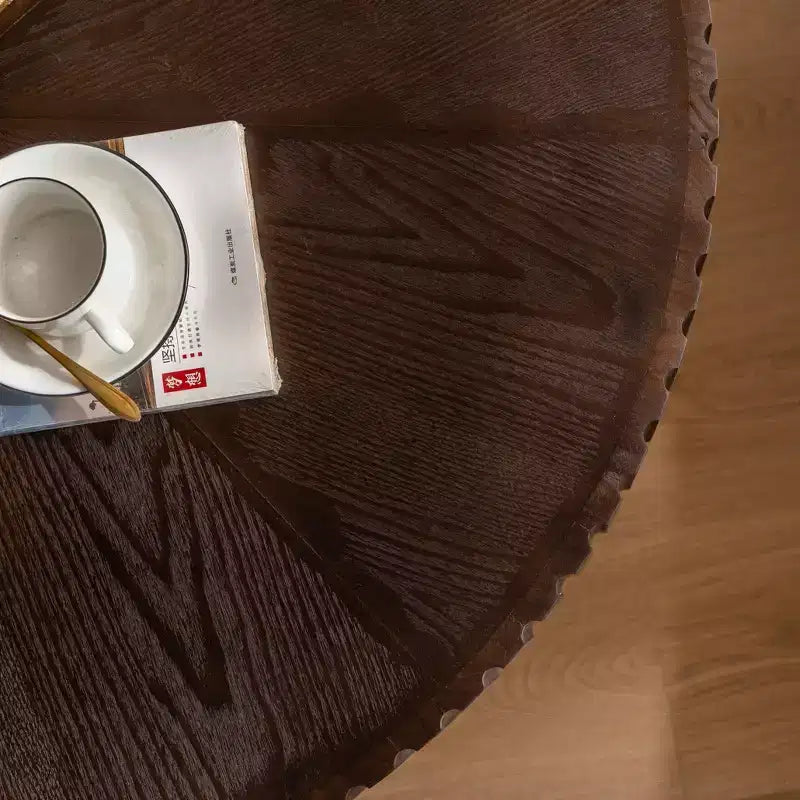 JVNOXK 35.4 Tavolino da caffè rotondo retrò marrone, gambe robuste in legno massiccio, piano in MDF per soggiorno e decorazioni per la casa