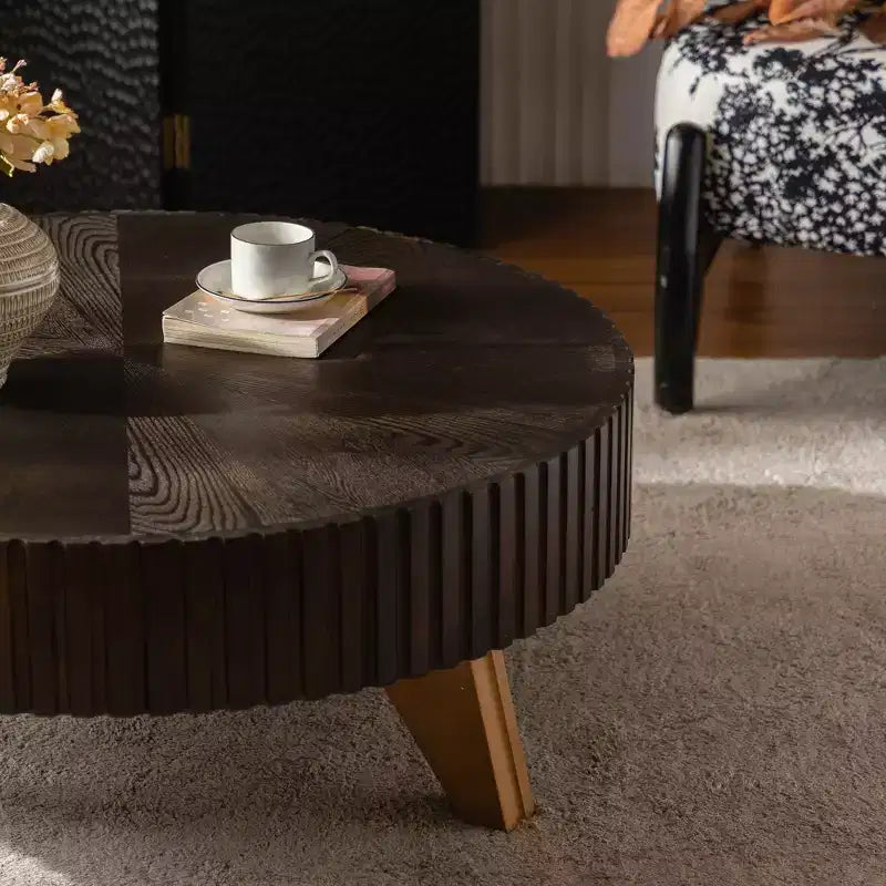 JVNOXK 35.4 Tavolino da caffè rotondo retrò marrone, gambe robuste in legno massiccio, piano in MDF per soggiorno e decorazioni per la casa