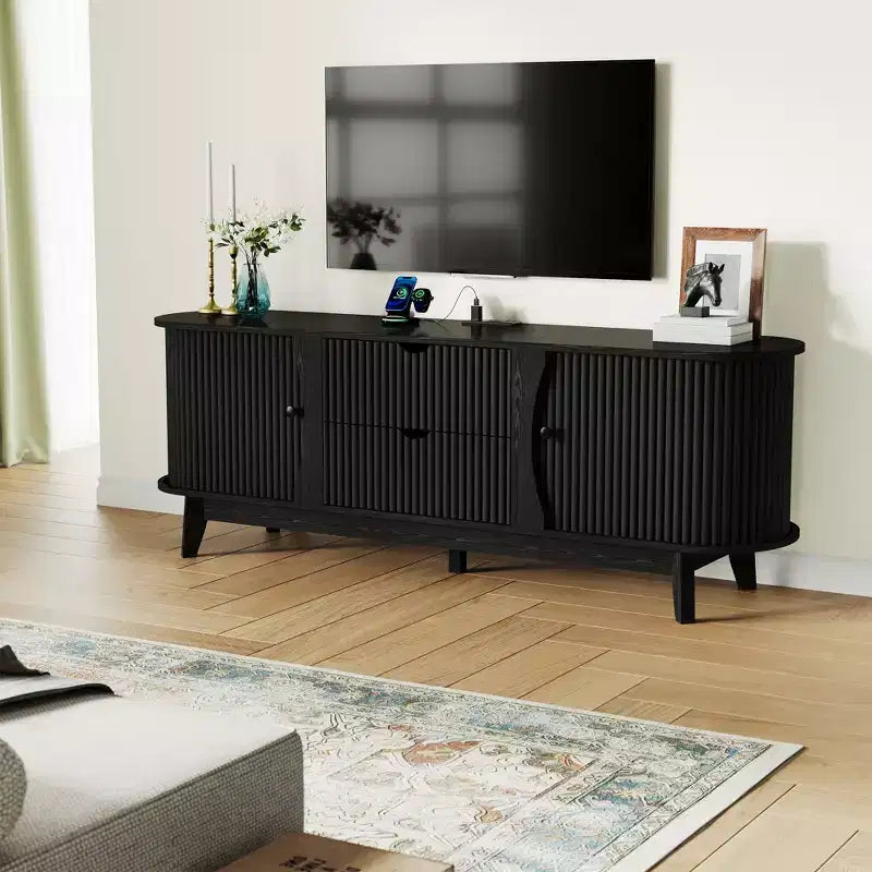 Mobile TV con Prese di Corrente, 2 Cassetti e 2 Armadietti con Ante a Griglia per TV fino a 70 pollici, Console Multimediale