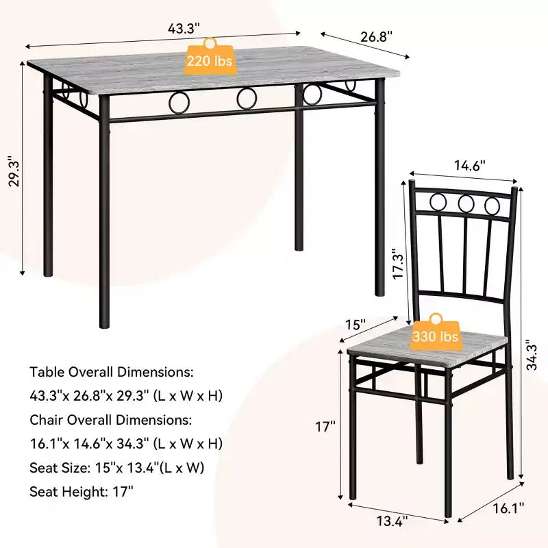 Ensemble de salle à manger 5 pièces Dyonery pour 4 personnes – Table et chaises de cuisine avec cadre en métal robuste, design moderne peu encombrant