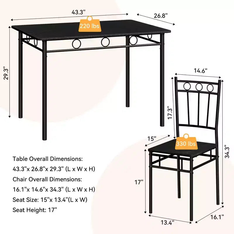 Ensemble de salle à manger 5 pièces Dyonery pour 4 personnes – Table et chaises de cuisine avec cadre en métal robuste, design moderne peu encombrant