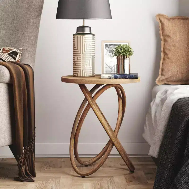 Tavolino rotondo COZAYH con base intrecciata per salotto, Noce