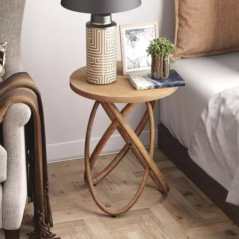 Tavolino rotondo COZAYH con base intrecciata per salotto, Noce