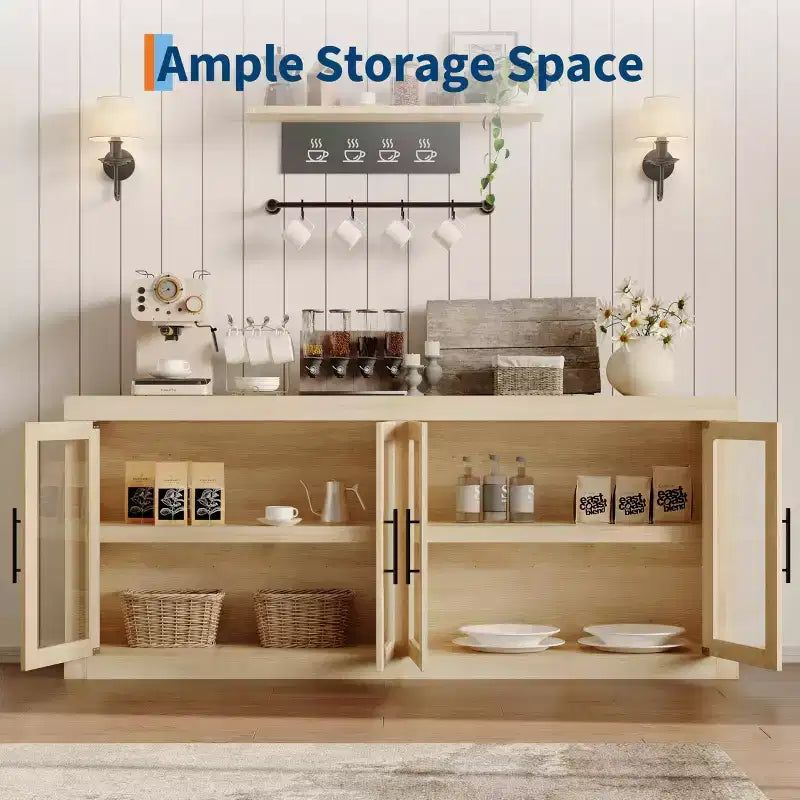 Madia buffet contemporanea con ante in vetro e ripiano in legno massello spesso, credenza capiente per sala da pranzo, cucina e angolo caffè