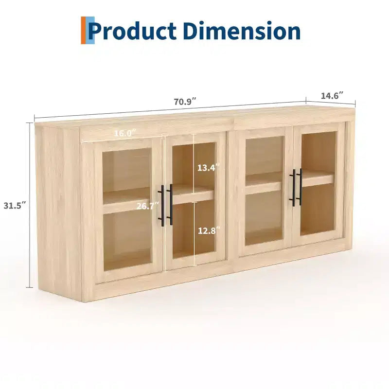 Madia buffet contemporanea con ante in vetro e ripiano in legno massello spesso, credenza capiente per sala da pranzo, cucina e angolo caffè