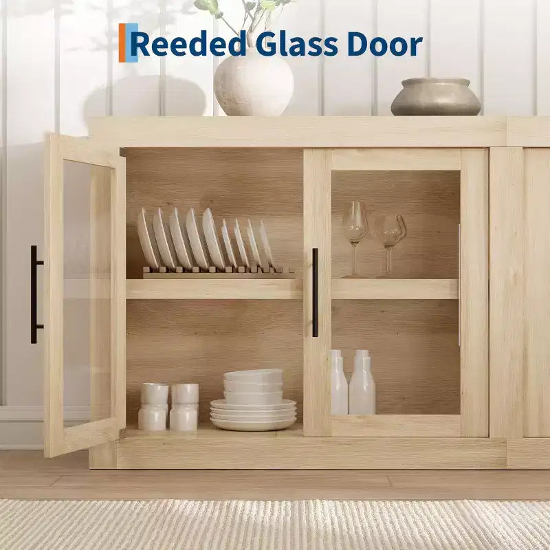 Madia buffet contemporanea con ante in vetro e ripiano in legno massello spesso, credenza capiente per sala da pranzo, cucina e angolo caffè