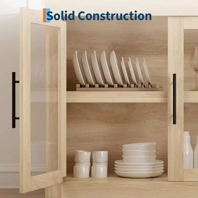 Madia buffet contemporanea con ante in vetro e ripiano in legno massello spesso, credenza capiente per sala da pranzo, cucina e angolo caffè