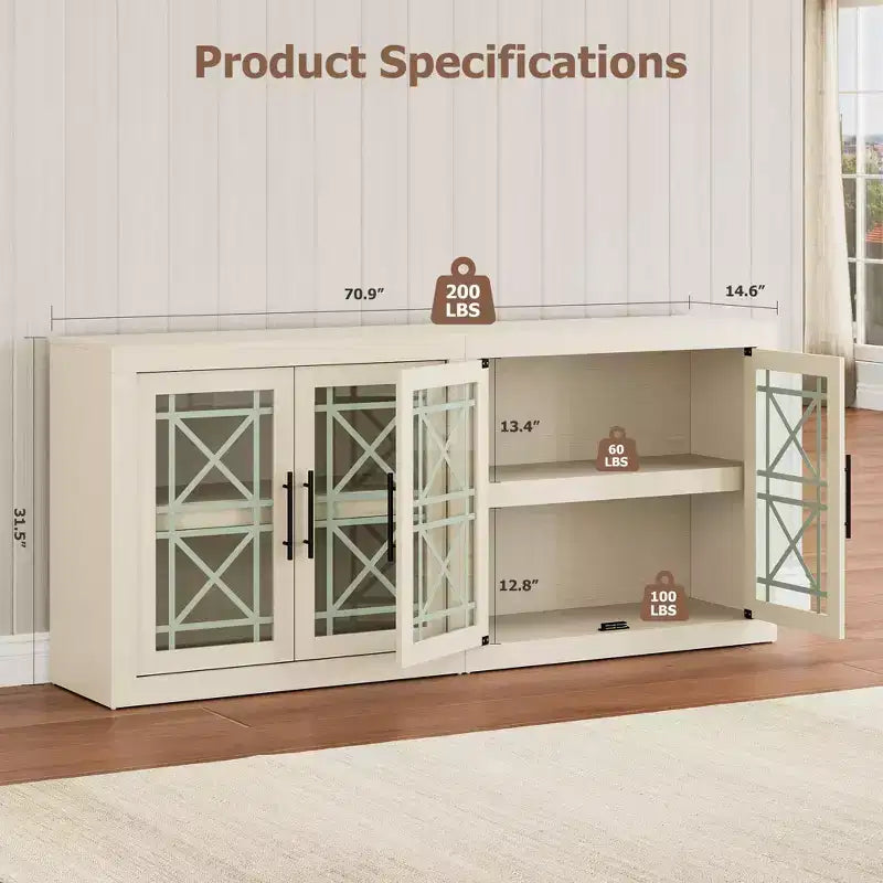 Madia buffet contemporanea con ante in vetro e ripiano in legno massello spesso, credenza capiente per sala da pranzo, cucina e angolo caffè