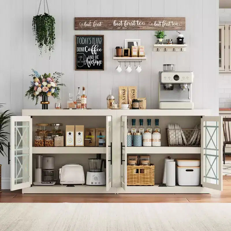 Madia buffet contemporanea con ante in vetro e ripiano in legno massello spesso, credenza capiente per sala da pranzo, cucina e angolo caffè