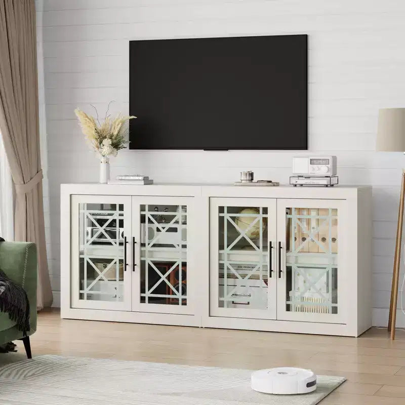 Madia buffet contemporanea con ante in vetro e ripiano in legno massello spesso, credenza capiente per sala da pranzo, cucina e angolo caffè