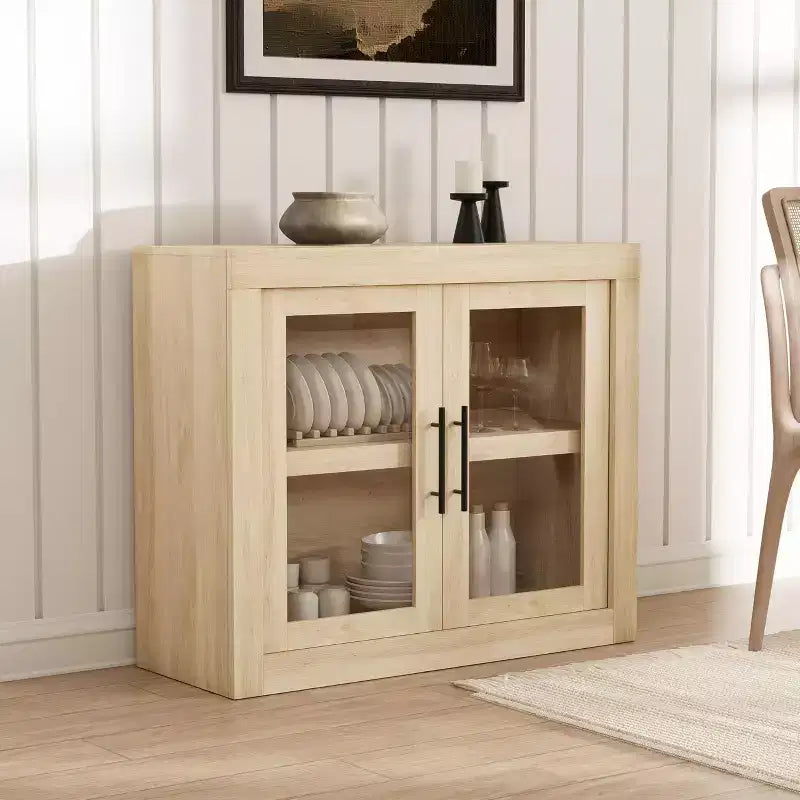 Contemporary Sideboard Buffet Cabinet with Glass Doors and Thick Wood Top, Large Storage Buffet Table for Dining Room, Kitchen, and Coffee Bar