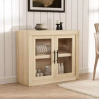 Contemporary Sideboard Buffet Cabinet with Glass Doors and Thick Wood Top, Large Storage Buffet Table for Dining Room, Kitchen, and Coffee Bar