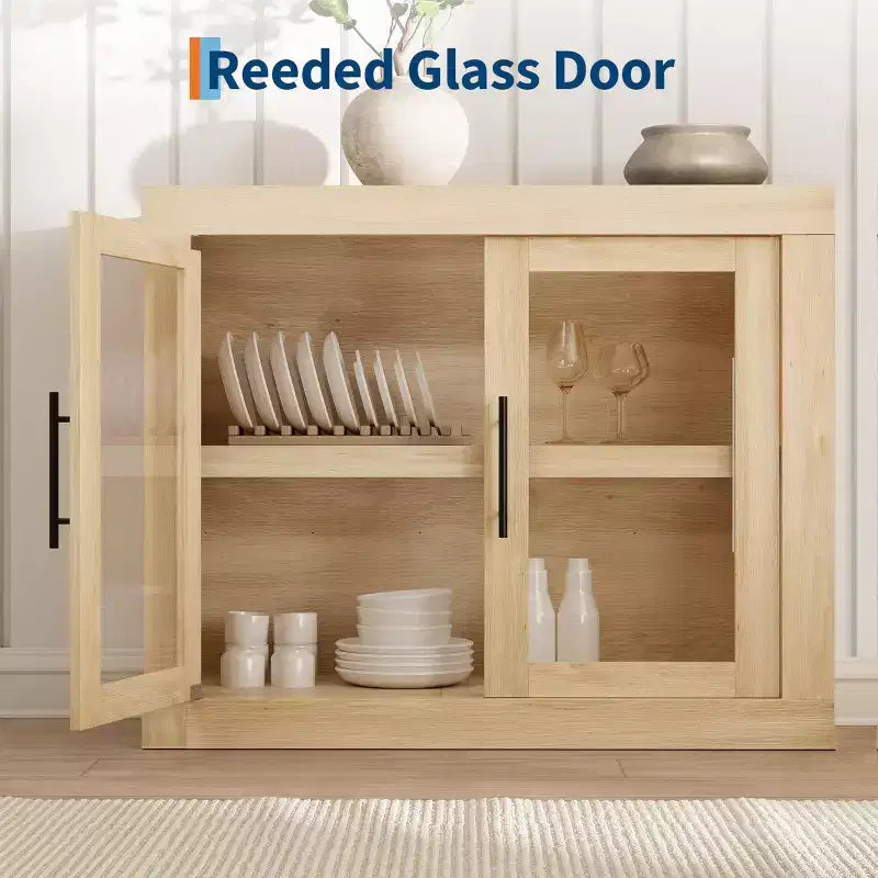 Madia buffet contemporanea con ante in vetro e ripiano in legno massello spesso, credenza capiente per sala da pranzo, cucina e angolo caffè