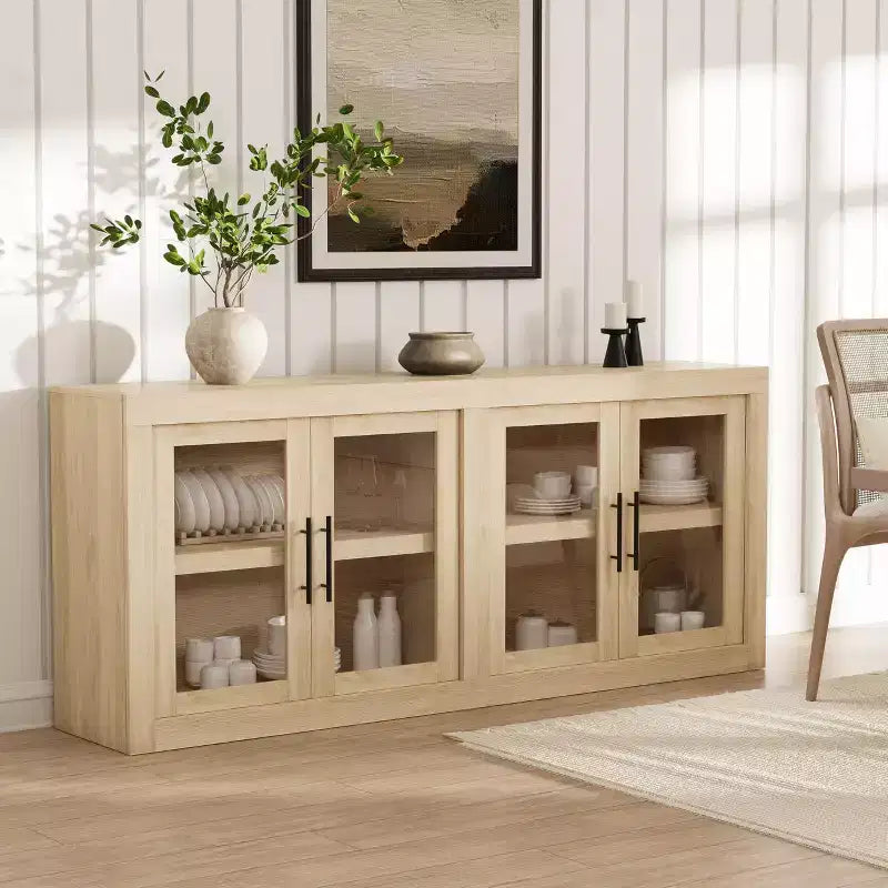 Buffet contemporain avec portes vitrées et plateau en bois épais, grand buffet de rangement pour salle à manger, cuisine et coin café