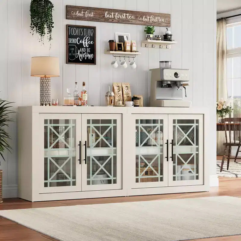 Buffet contemporain avec portes vitrées et plateau en bois épais, grand buffet de rangement pour salle à manger, cuisine et coin café