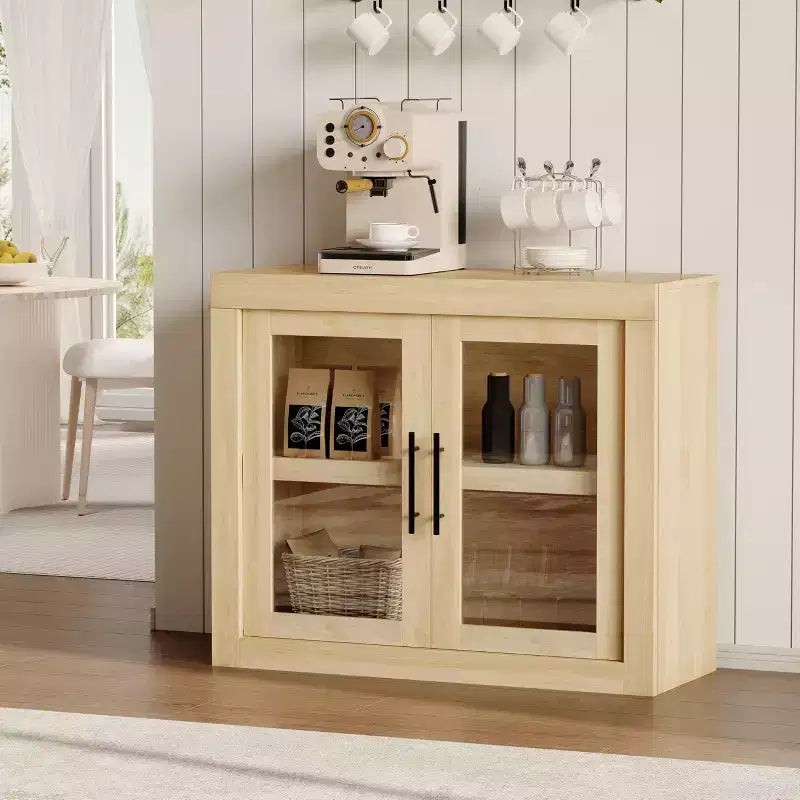 Madia buffet contemporanea con ante in vetro e ripiano in legno massello spesso, credenza capiente per sala da pranzo, cucina e angolo caffè
