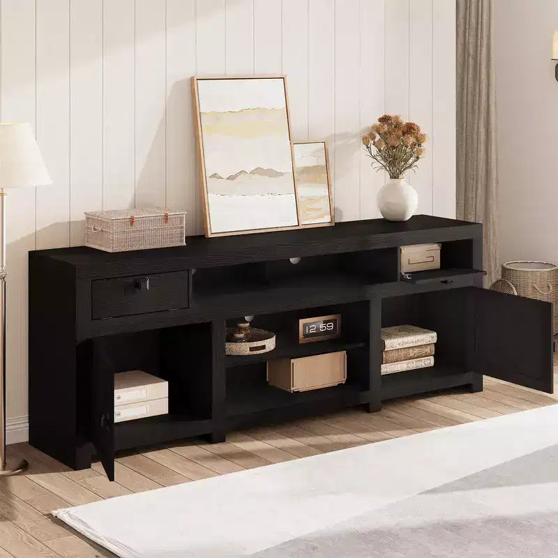 Meuble TV de ferme en bois de 70,1 po pour téléviseurs de 70 po, meuble de divertissement avec tiroirs, étagères réglables et gestion des câbles pour salon et chambre à coucher