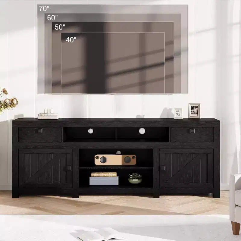 Meuble TV de ferme en bois de 70,1 po pour téléviseurs de 70 po, meuble de divertissement avec tiroirs, étagères réglables et gestion des câbles pour salon et chambre à coucher
