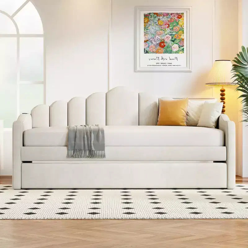 FAMYYT Twin Size Upholstered Daybed With Charging Station, Trundle, Easy Assembly