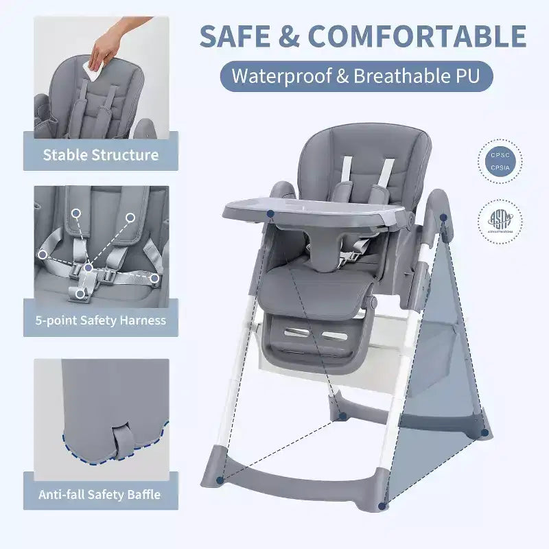 Chaise Haute pour Enfants, Chaise Haute Pliable pour Tout-petits, Chaise Haute en Cuir PU avec Plateau Amovible, Harnais de Sécurité 5 Points et Roues Verrouillables