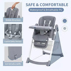 Chaise Haute pour Enfants, Chaise Haute Pliable pour Tout-petits, Chaise Haute en Cuir PU avec Plateau Amovible, Harnais de Sécurité 5 Points et Roues Verrouillables