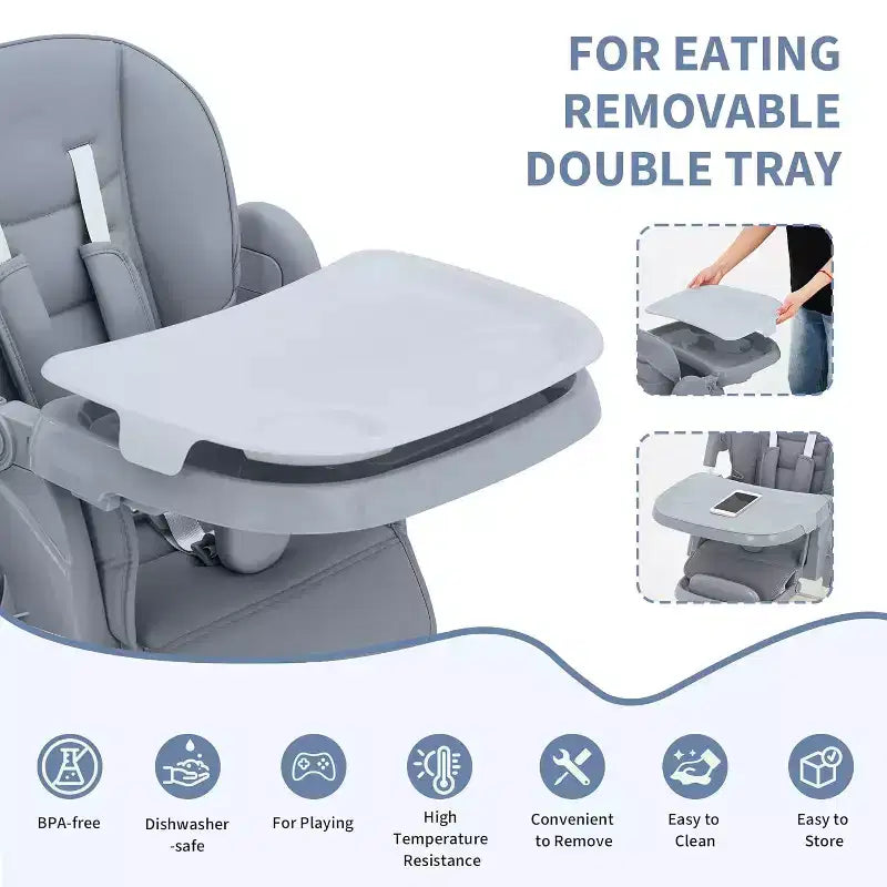 Chaise Haute pour Enfants, Chaise Haute Pliable pour Tout-petits, Chaise Haute en Cuir PU avec Plateau Amovible, Harnais de Sécurité 5 Points et Roues Verrouillables