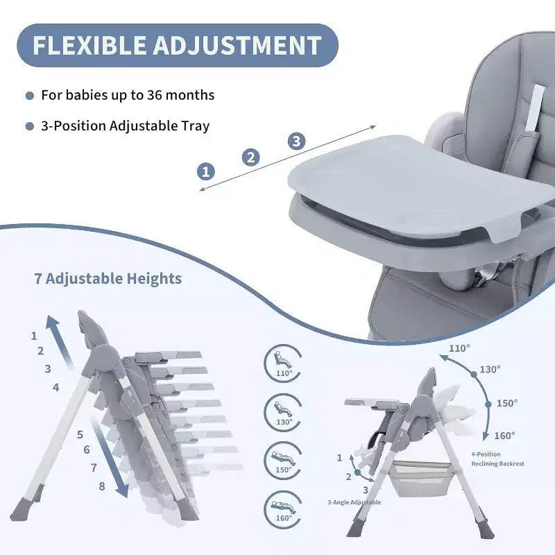 Chaise Haute pour Enfants, Chaise Haute Pliable pour Tout-petits, Chaise Haute en Cuir PU avec Plateau Amovible, Harnais de Sécurité 5 Points et Roues Verrouillables