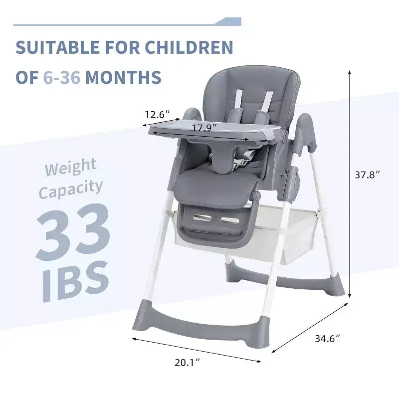 Chaise Haute pour Enfants, Chaise Haute Pliable pour Tout-petits, Chaise Haute en Cuir PU avec Plateau Amovible, Harnais de Sécurité 5 Points et Roues Verrouillables