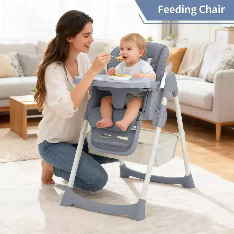 Chaise Haute pour Enfants, Chaise Haute Pliable pour Tout-petits, Chaise Haute en Cuir PU avec Plateau Amovible, Harnais de Sécurité 5 Points et Roues Verrouillables