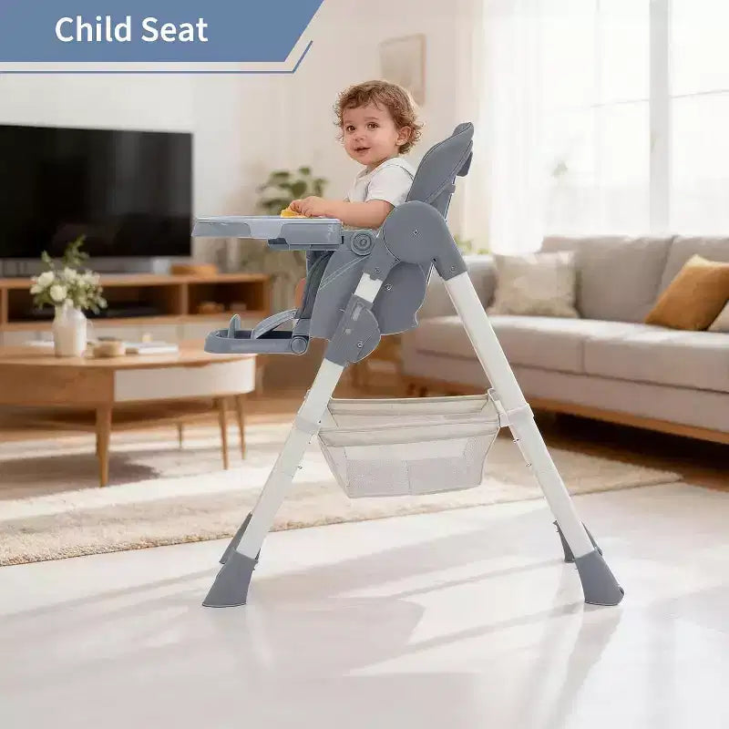 Chaise Haute pour Enfants, Chaise Haute Pliable pour Tout-petits, Chaise Haute en Cuir PU avec Plateau Amovible, Harnais de Sécurité 5 Points et Roues Verrouillables