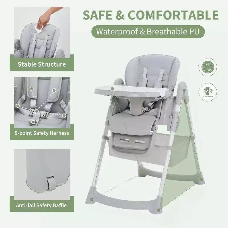 Chaise Haute pour Enfants, Chaise Haute Pliable pour Tout-petits, Chaise Haute en Cuir PU avec Plateau Amovible, Harnais de Sécurité 5 Points et Roues Verrouillables