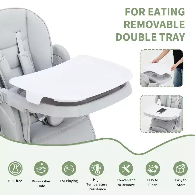 Chaise Haute pour Enfants, Chaise Haute Pliable pour Tout-petits, Chaise Haute en Cuir PU avec Plateau Amovible, Harnais de Sécurité 5 Points et Roues Verrouillables