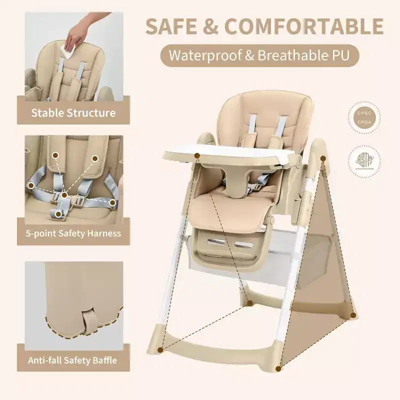 Chaise Haute pour Enfants, Chaise Haute Pliable pour Tout-petits, Chaise Haute en Cuir PU avec Plateau Amovible, Harnais de Sécurité 5 Points et Roues Verrouillables