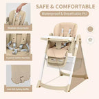 Chaise Haute pour Enfants, Chaise Haute Pliable pour Tout-petits, Chaise Haute en Cuir PU avec Plateau Amovible, Harnais de Sécurité 5 Points et Roues Verrouillables