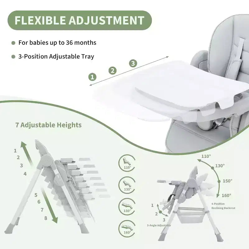 Chaise Haute pour Enfants, Chaise Haute Pliable pour Tout-petits, Chaise Haute en Cuir PU avec Plateau Amovible, Harnais de Sécurité 5 Points et Roues Verrouillables