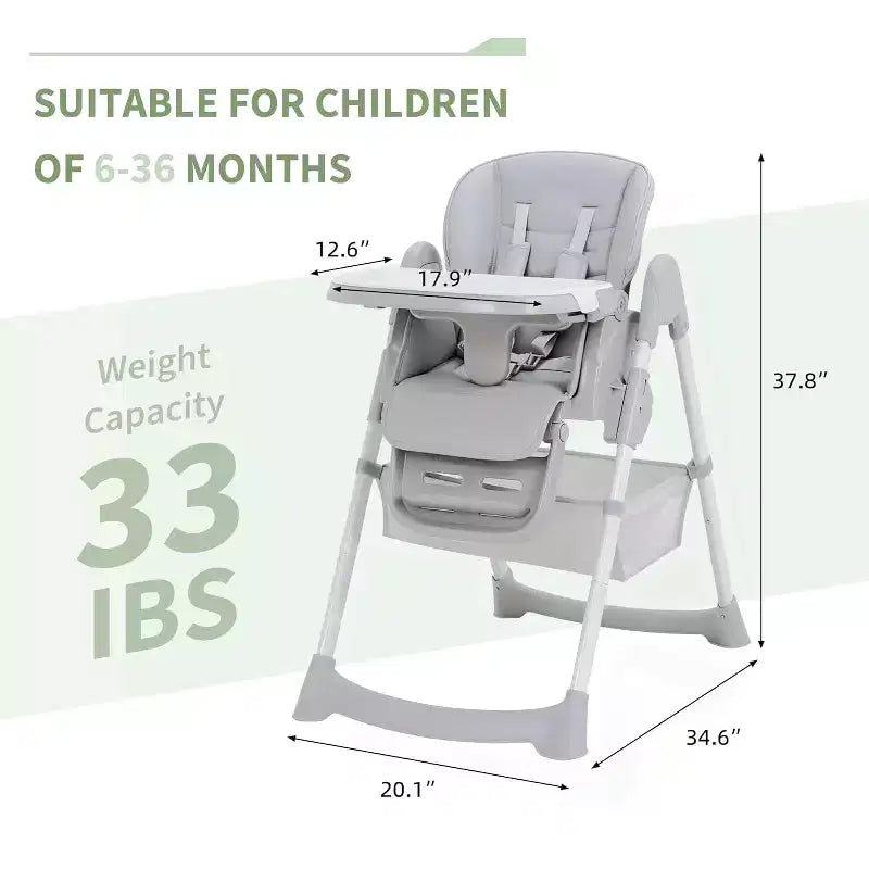 Chaise Haute pour Enfants, Chaise Haute Pliable pour Tout-petits, Chaise Haute en Cuir PU avec Plateau Amovible, Harnais de Sécurité 5 Points et Roues Verrouillables