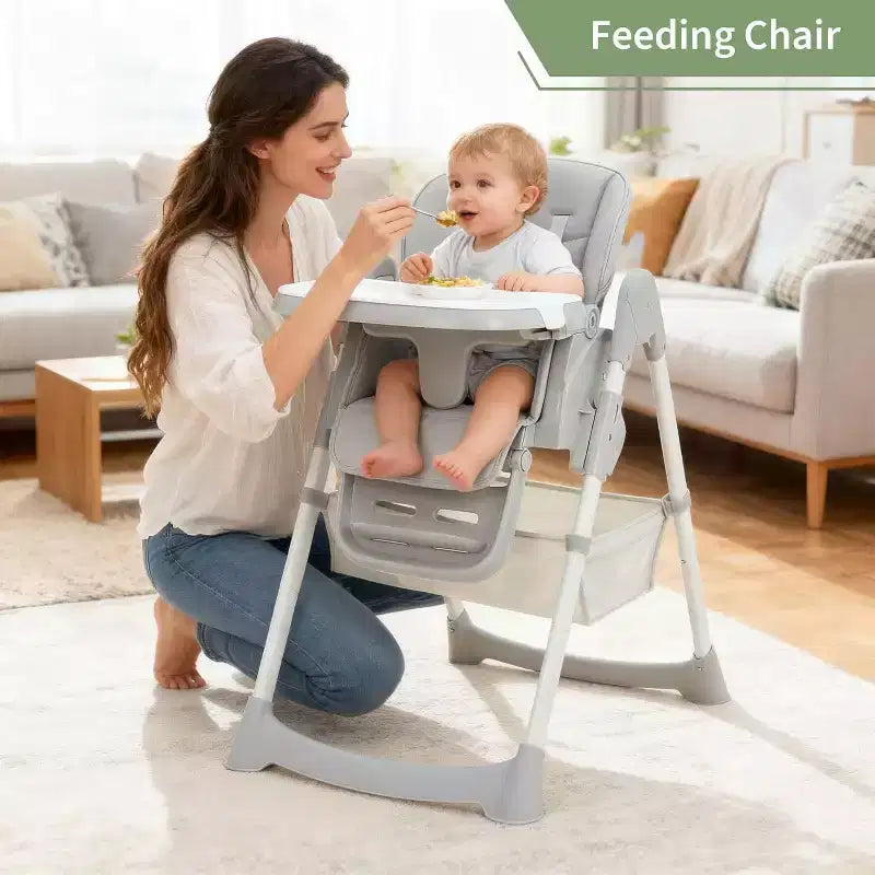 Chaise Haute pour Enfants, Chaise Haute Pliable pour Tout-petits, Chaise Haute en Cuir PU avec Plateau Amovible, Harnais de Sécurité 5 Points et Roues Verrouillables