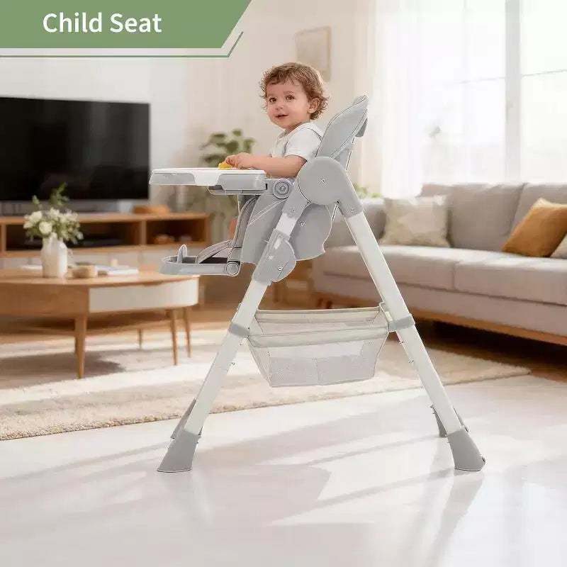 Chaise Haute pour Enfants, Chaise Haute Pliable pour Tout-petits, Chaise Haute en Cuir PU avec Plateau Amovible, Harnais de Sécurité 5 Points et Roues Verrouillables