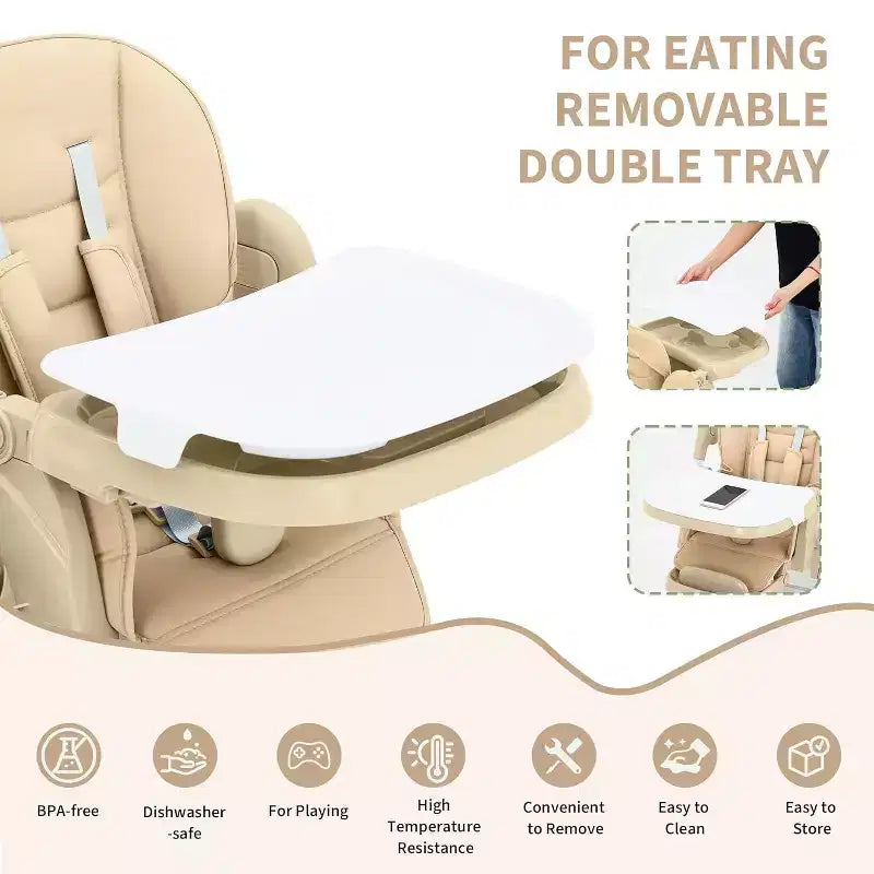 Chaise Haute pour Enfants, Chaise Haute Pliable pour Tout-petits, Chaise Haute en Cuir PU avec Plateau Amovible, Harnais de Sécurité 5 Points et Roues Verrouillables