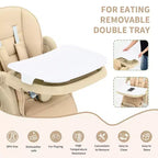 Chaise Haute pour Enfants, Chaise Haute Pliable pour Tout-petits, Chaise Haute en Cuir PU avec Plateau Amovible, Harnais de Sécurité 5 Points et Roues Verrouillables