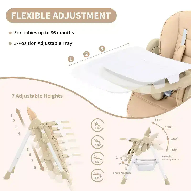 Chaise Haute pour Enfants, Chaise Haute Pliable pour Tout-petits, Chaise Haute en Cuir PU avec Plateau Amovible, Harnais de Sécurité 5 Points et Roues Verrouillables