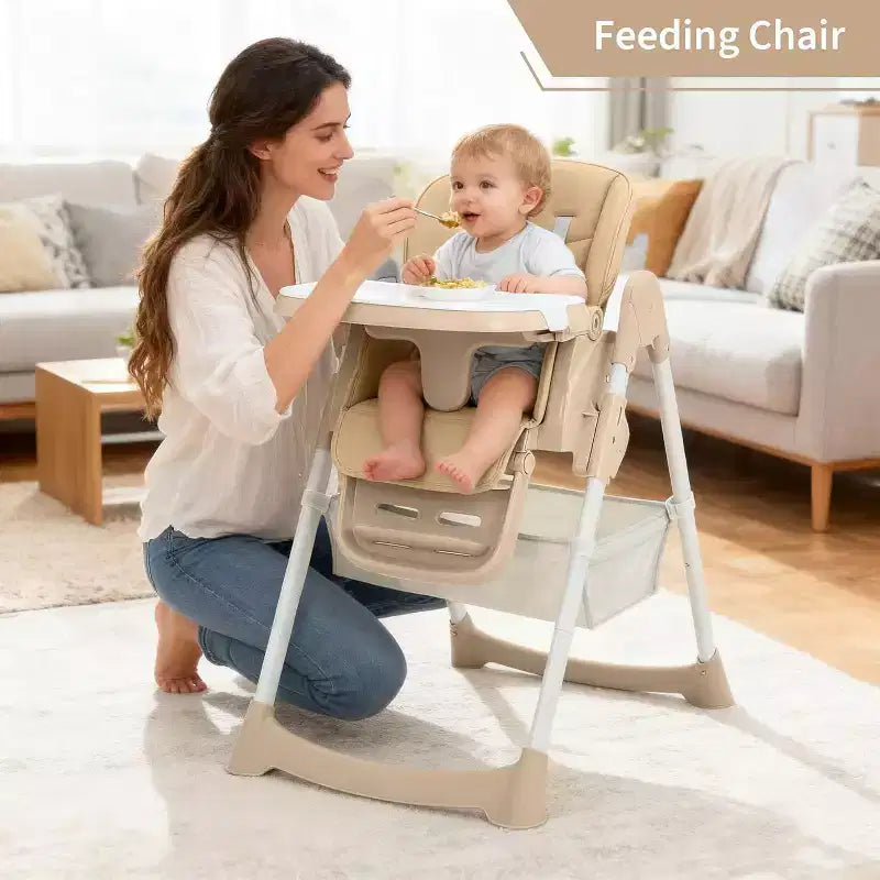 Chaise Haute pour Enfants, Chaise Haute Pliable pour Tout-petits, Chaise Haute en Cuir PU avec Plateau Amovible, Harnais de Sécurité 5 Points et Roues Verrouillables