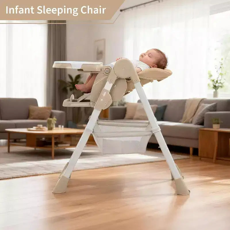 Chaise Haute pour Enfants, Chaise Haute Pliable pour Tout-petits, Chaise Haute en Cuir PU avec Plateau Amovible, Harnais de Sécurité 5 Points et Roues Verrouillables
