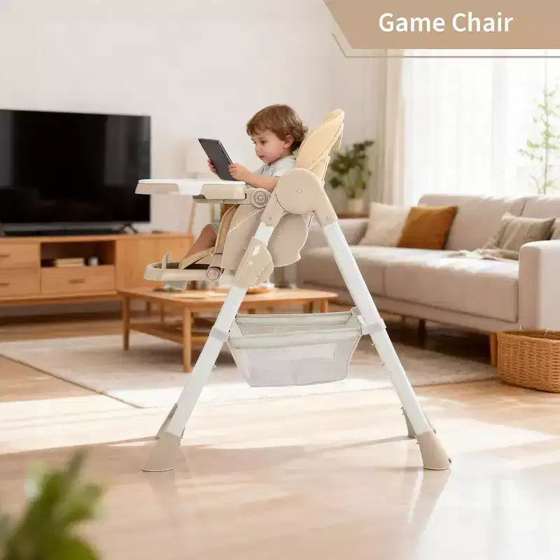 Chaise Haute pour Enfants, Chaise Haute Pliable pour Tout-petits, Chaise Haute en Cuir PU avec Plateau Amovible, Harnais de Sécurité 5 Points et Roues Verrouillables